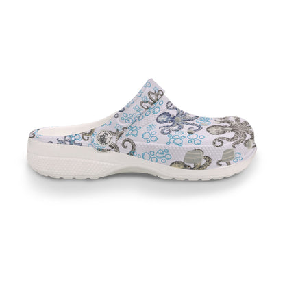 Blue Vintage Octopus Clogs with Bubbles Waterproof Cruise & Pool Shoes Print Women's Classic Clogs