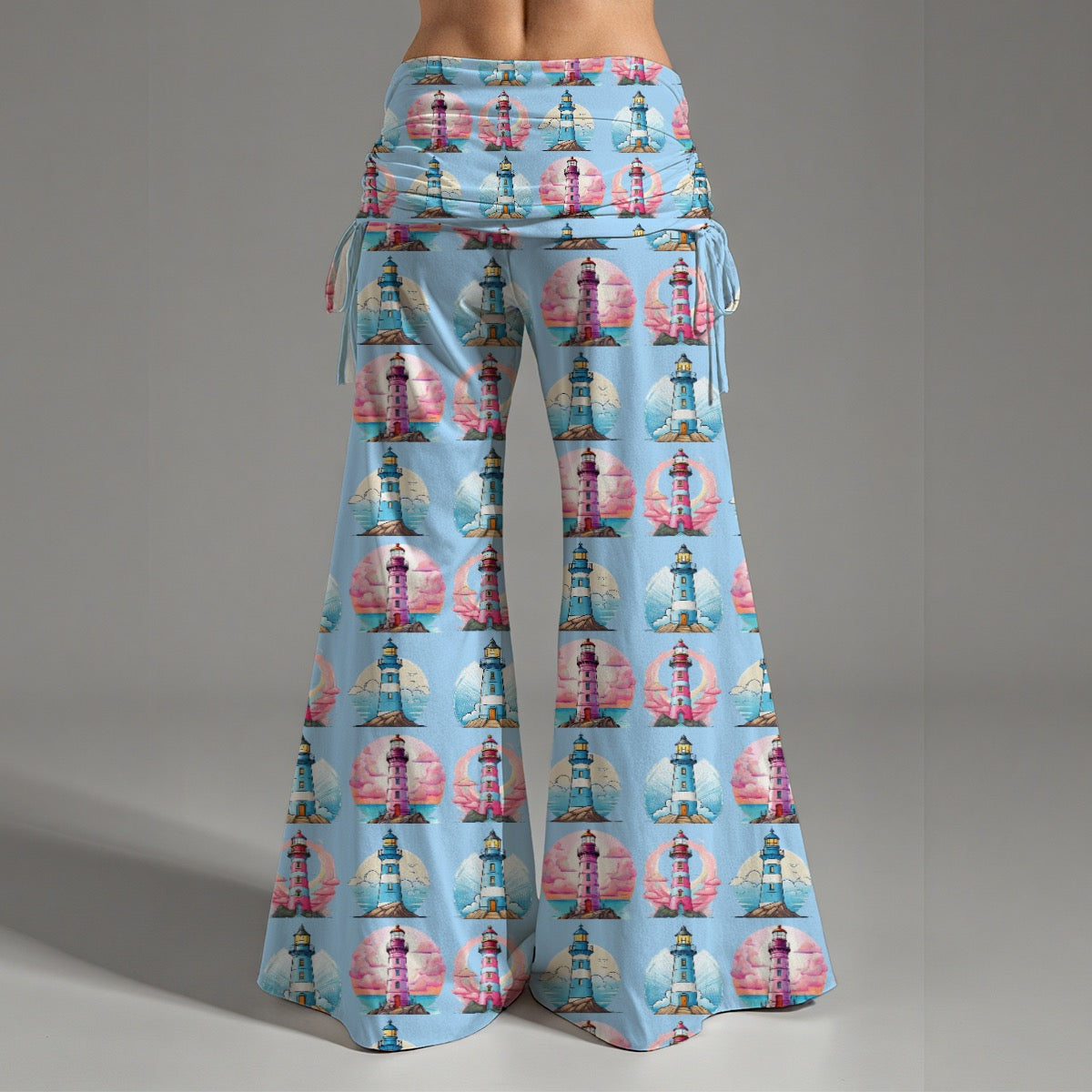 Nautical Pink & Blue Lighthouse Hippie Yoga Pants – Couples Cruise Outfit High Waist Wide Leg Pants