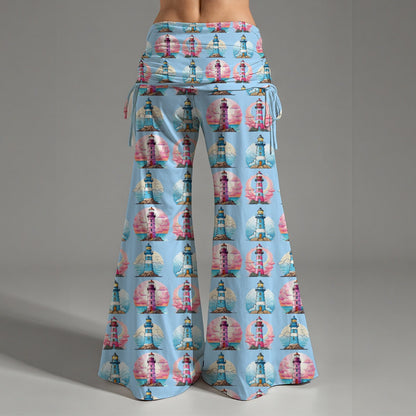 Nautical Pink & Blue Lighthouse Hippie Yoga Pants – Couples Cruise Outfit High Waist Wide Leg Pants