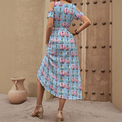 Coastal Lighthouse Peekaboo Shoulder Dress With Pockets Cute Pink & Blue Cruise Outfit