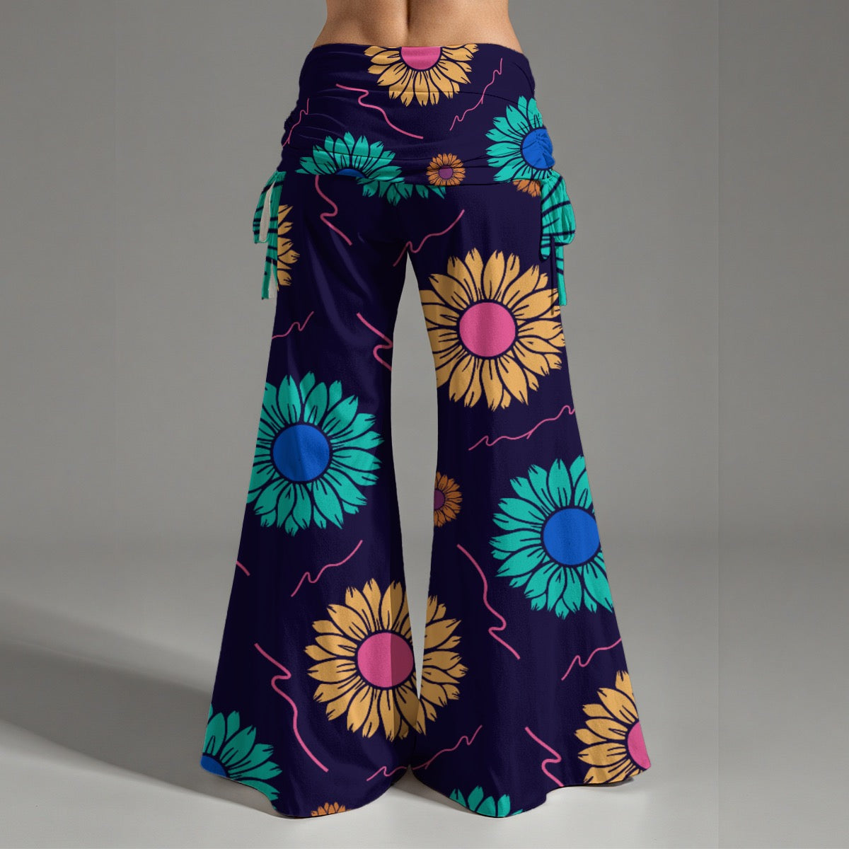 Women’s Sunflower Bell Bottom Yoga Pants Blue Pink Yellow Floral Flare Stretchy Leggings