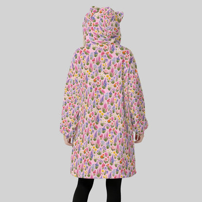 Women's Pink Butterfly Flower Garden Blanket Hoodie – Oversized Fleece Wearable Blanket with Cat Ear