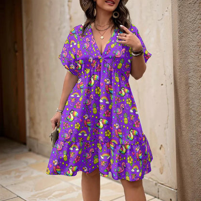 90s Purple Tropical Birds Dress for Women – Retro V-Neck A-Line Dress