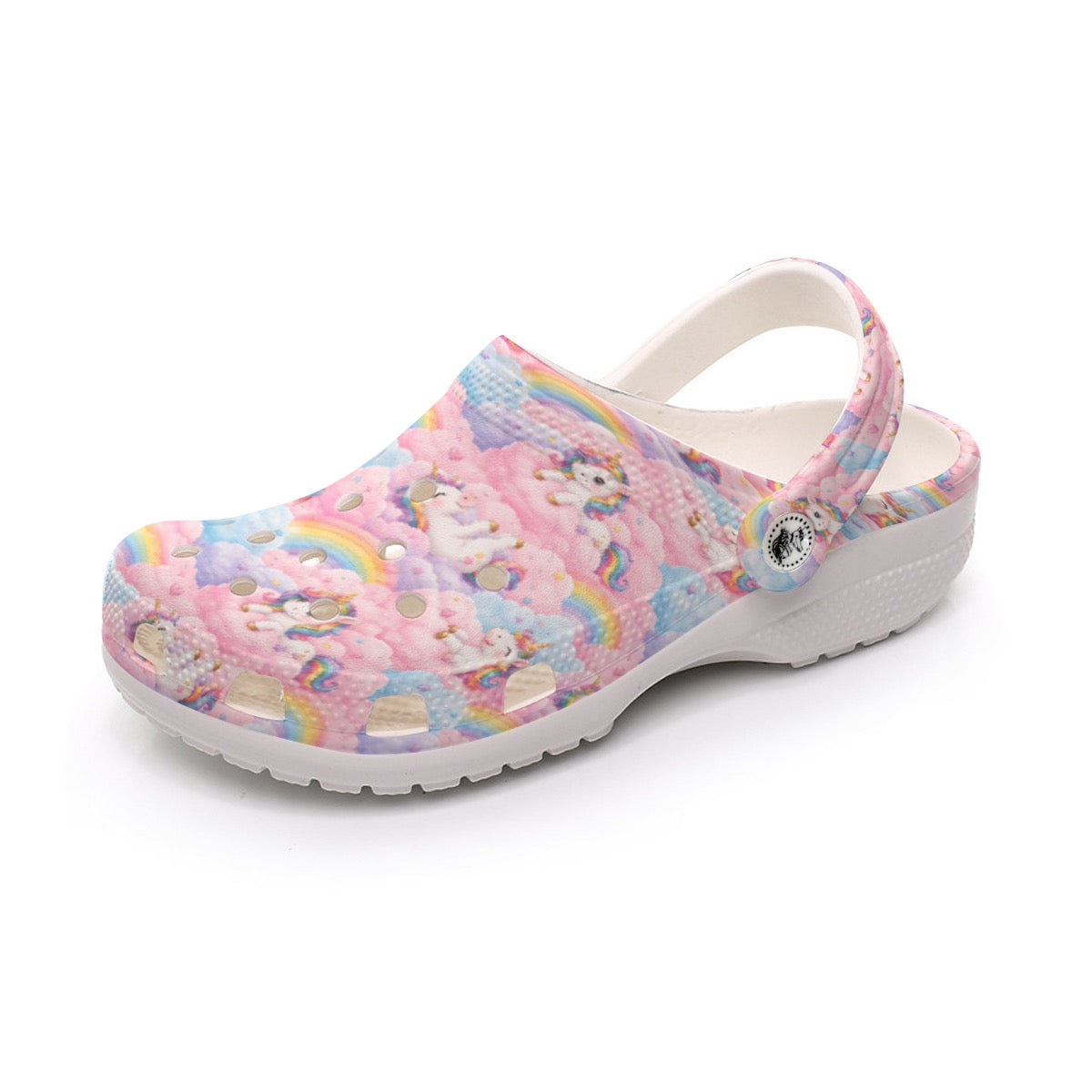 Pink Happy Unicorn in Cotton Candy Rainbows Women's Classic Clogs