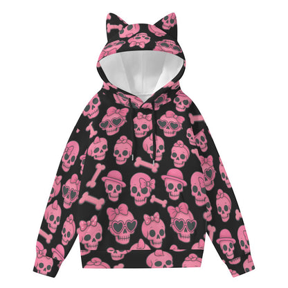 Pink Skull and Bones Cat Ears Hoodie for Women - Rockabilly Rock and Roll Style