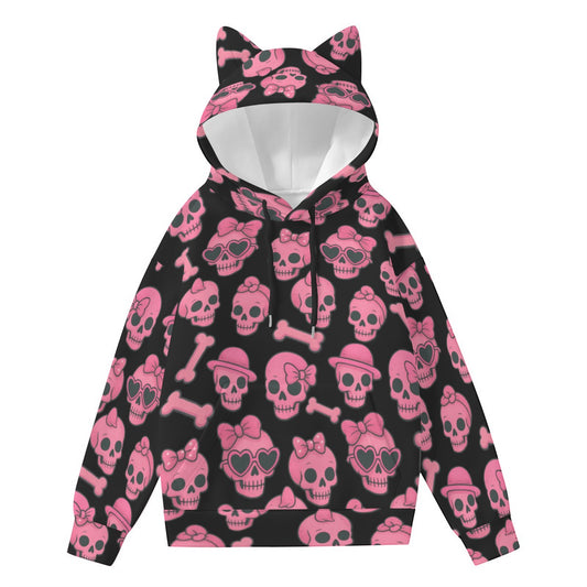Pink Skull and Bones Cat Ears Hoodie for Women - Rockabilly Rock and Roll Style