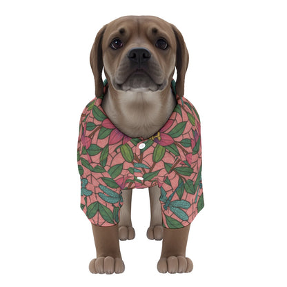 Pet's Hawaiian Shirt Stained Glass Passion Flowers and Dragonflies Print, Breathable Pink Floral