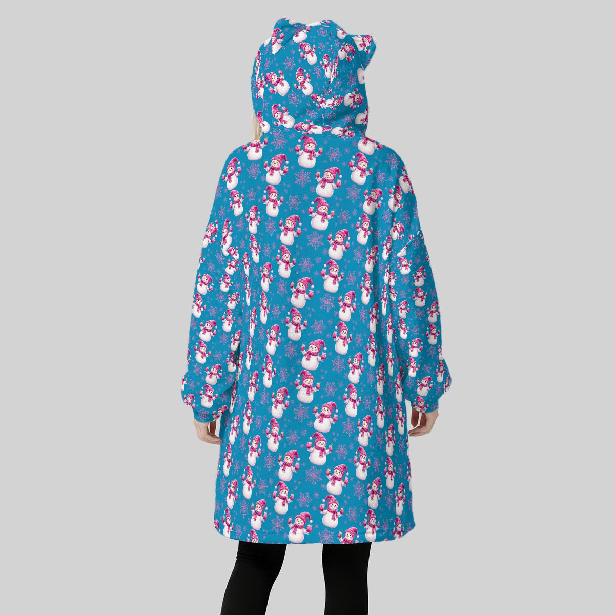 Funny Drinking Snowmen Hoodie Blanket for Women – Blue Pink Christmas Fleece Wearable Blanket