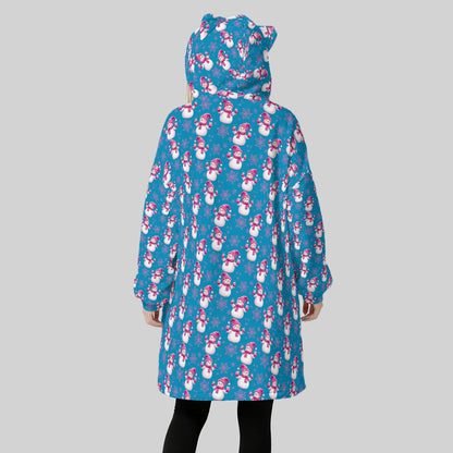 Funny Drinking Snowmen Hoodie Blanket for Women – Blue Pink Christmas Fleece Wearable Blanket