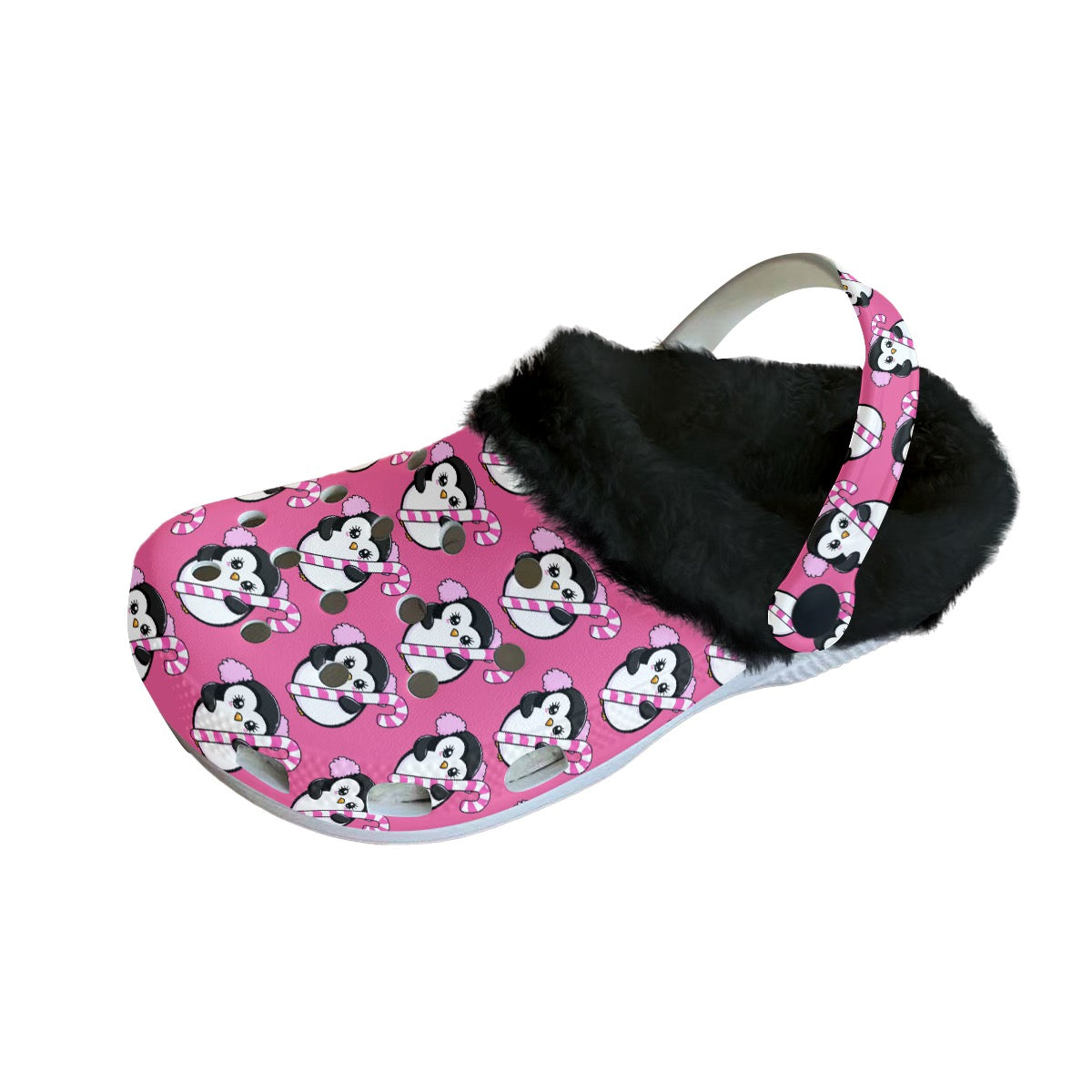 Hot Pink Holiday Penguin Candy Cane Fleece-Lined Clogs for Women Adorable Christmas