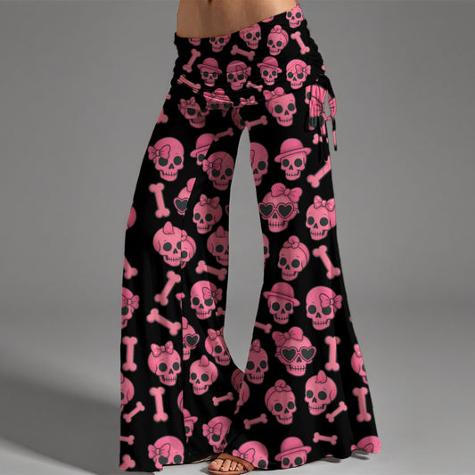 Pink Skulls & Bones High Waist Wide Leg Pants Women Alternative Hippie Rock Bell Bottoms Flare Style