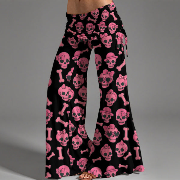 Pink Skulls & Bones High Waist Wide Leg Pants Women Alternative Hippie Rock Bell Bottoms Flare Style