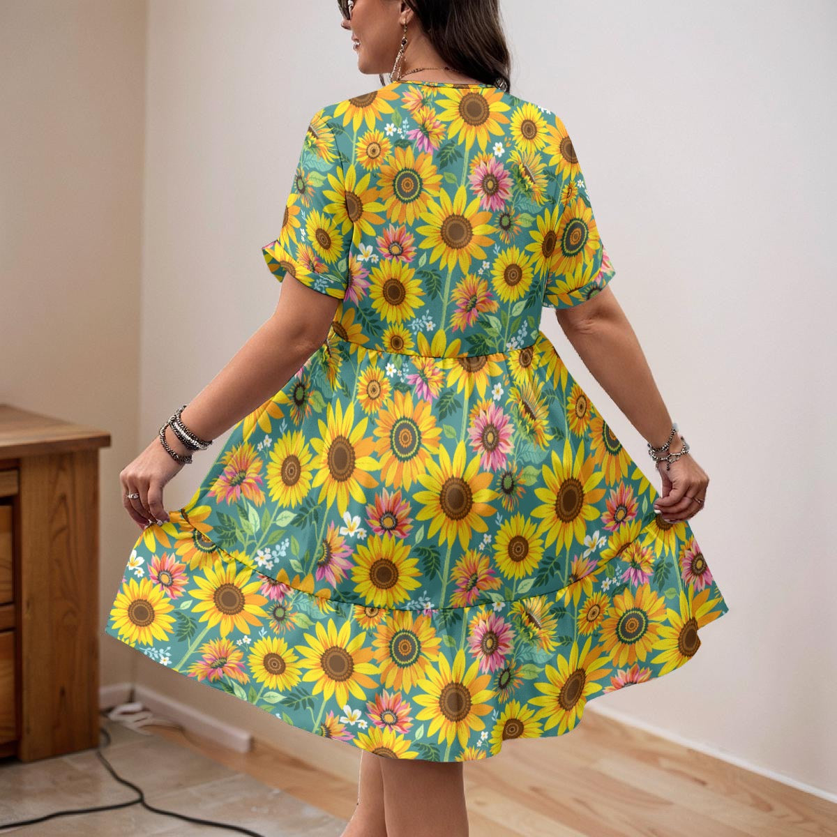 Women's Aqua Sunflower Dress – Lightweight Flowy Floral Dress