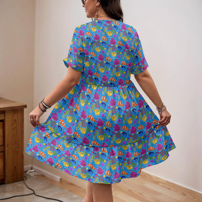 Tropical Rainbow Fish Dress for Women – Colorful Ocean Print V-Neck A-Line Dress