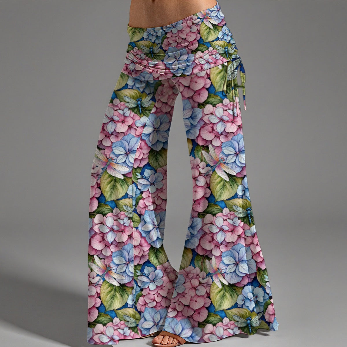Women's Hippie Flare Pants with Hydrangeas Dragonfly Print High Waist Wide Leg Stylish Leggings