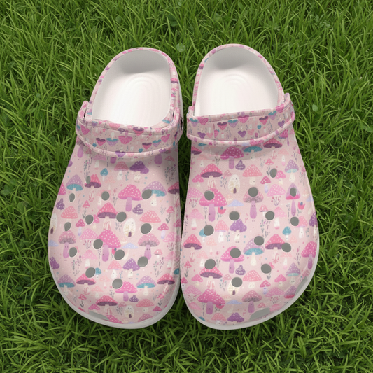 Pink Happy Mushroom Print Lightweight Garden Shoes Women's Classic Clogs