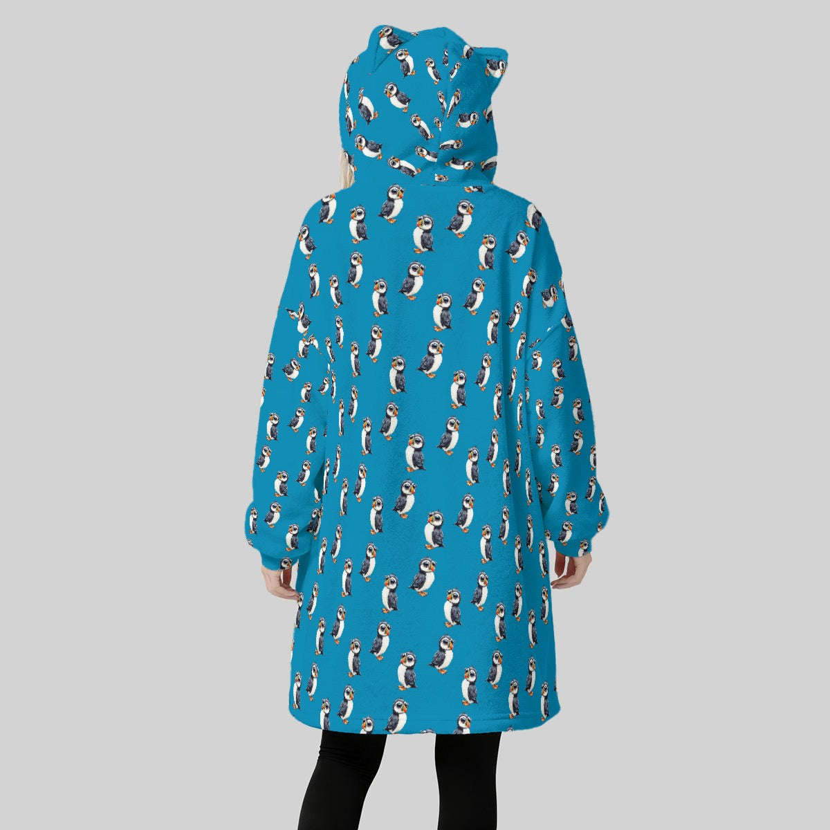 Aqua Blue Puffin Hoodie Blanket for Women – Cute Sunglasses Bird Print Fleece Wearable Blanket