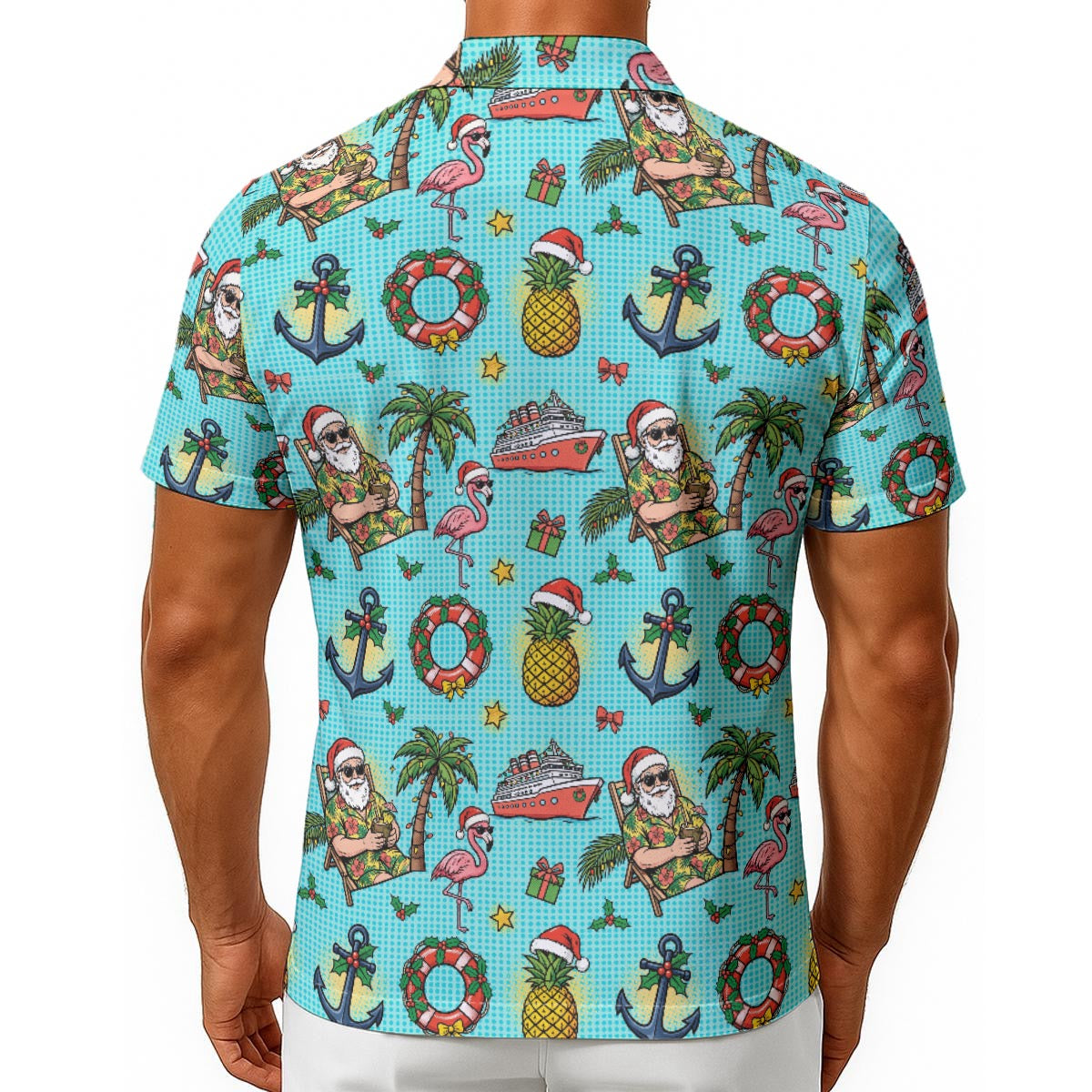 Men’s Santa on a Cruise Hawaiian Button-Up Shirt, Blue Tropical Christmas Print, Funny Holiday Print