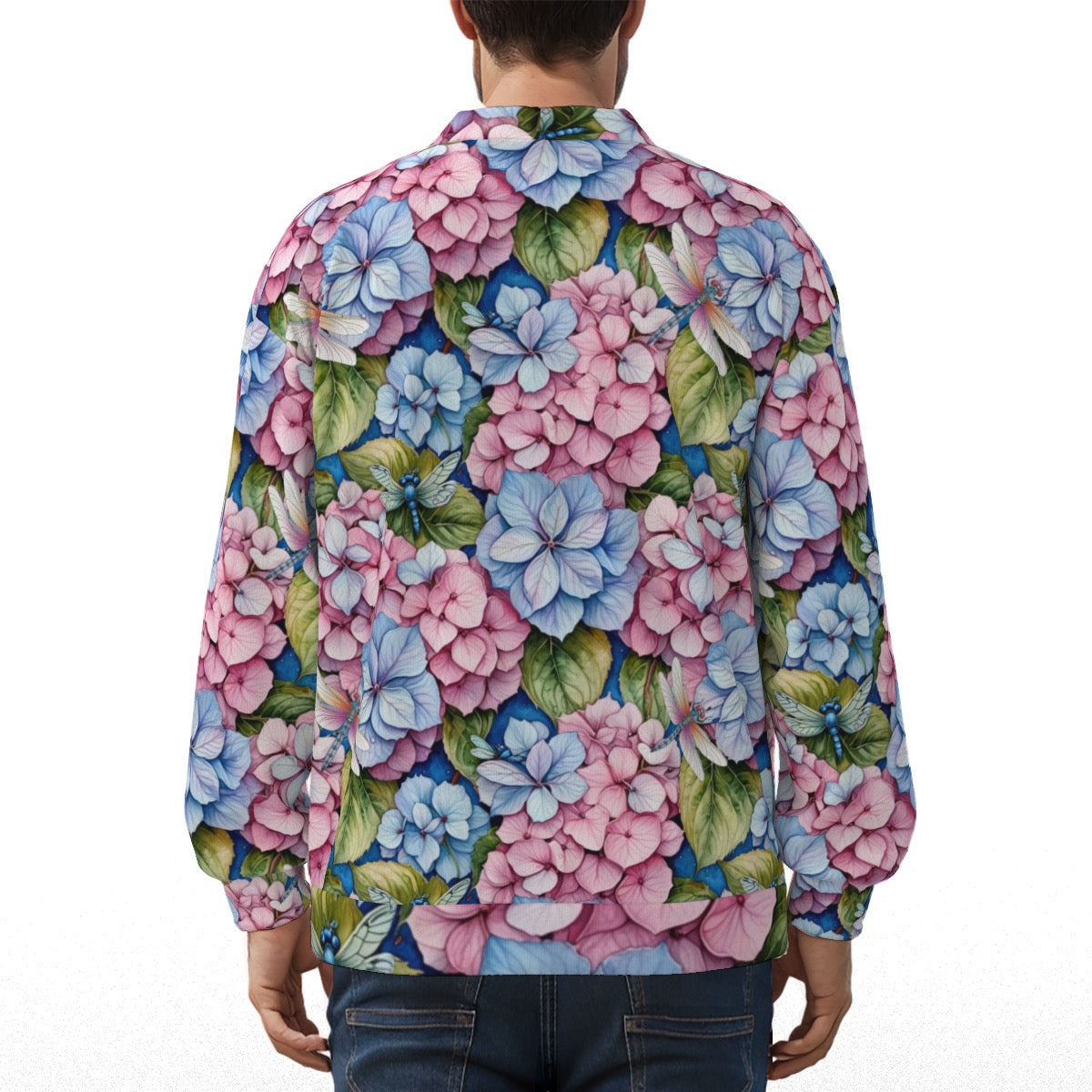 Unisex Garden Hydrangea Dragonfly V-Neck Hacci Fleece Cardigan with Floral Gardening Pattern