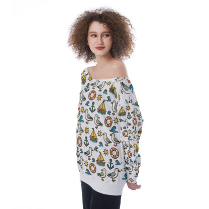 Beach Seagull Sailboat Off-Shoulder Sweatshirt Coastal Cute Cruise & Vacation Pullover