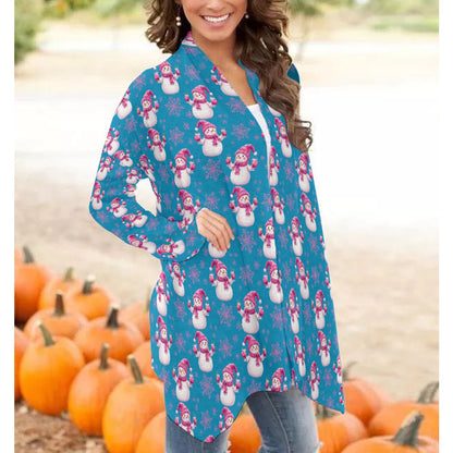 Pink Blue Snowman Graphic Cardigan Ladies Winter Holiday Sweater