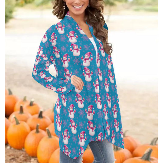 Pink Blue Snowman Graphic Cardigan Ladies Winter Holiday Sweater