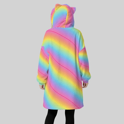 90s Retro Neon Pastel Striped Hoodie Blanket for Women – Pink Blue Fleece Wearable Blanket with Cat