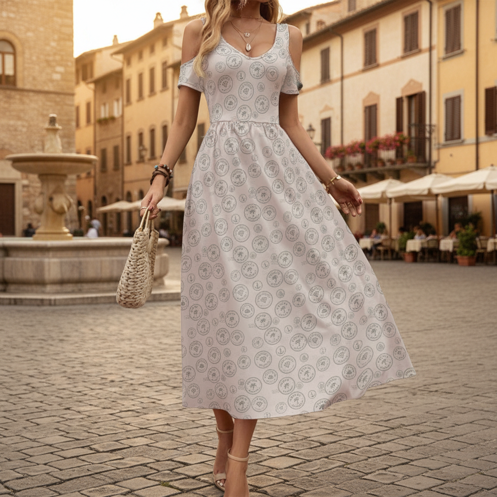 Women’s Vintage Tan Postage V-Neck Off-Shoulder Dress Sexy Cruise Dress with Pockets Lightweight