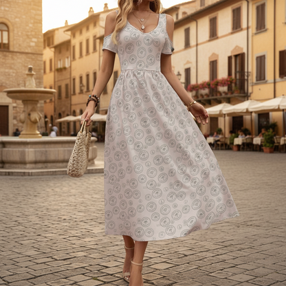 Women’s Vintage Tan Postage V-Neck Off-Shoulder Dress Sexy Cruise Dress with Pockets Lightweight
