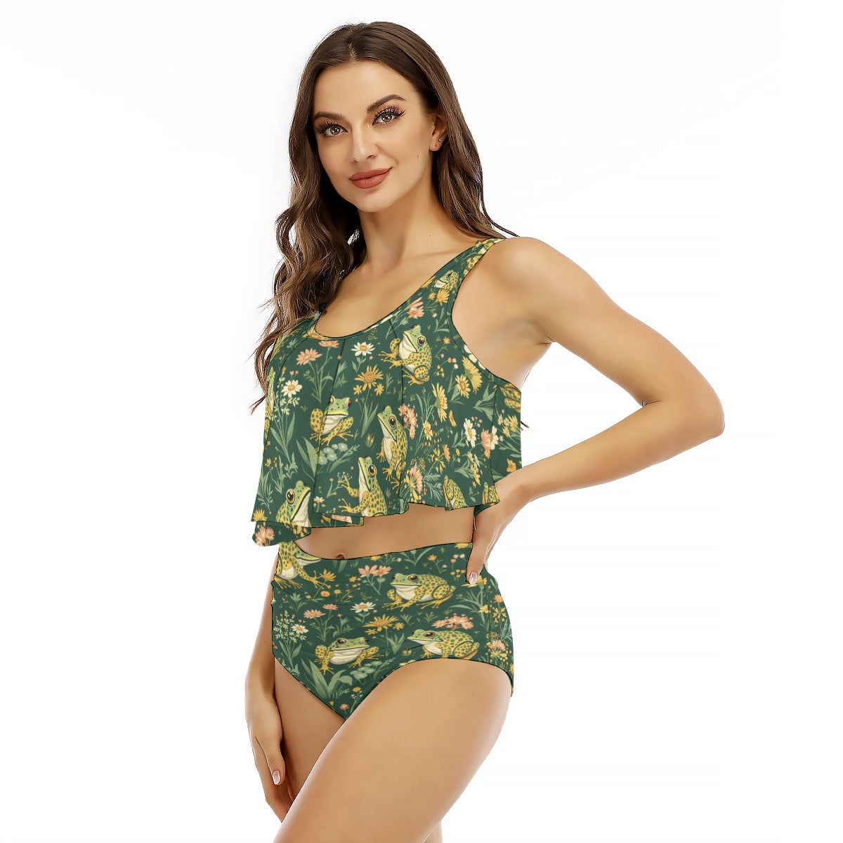 Women’s Ruffled Bikini Set Green Spotted Frog Print 2 Piece Swimsuit