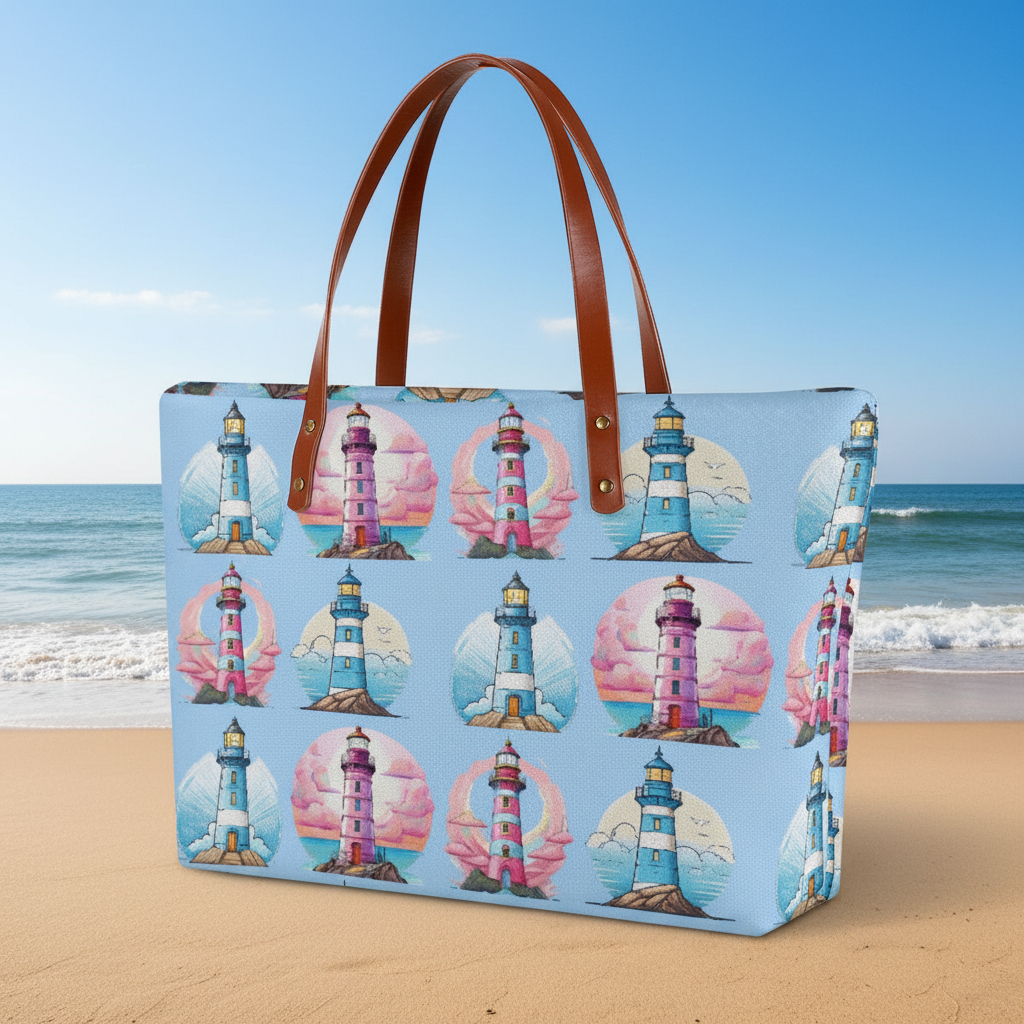 Baby Blue & Pink Lighthouse Print Purse Bag Made From Diving Cloth