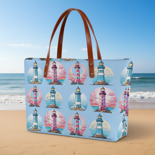 Baby Blue & Pink Lighthouse Print Purse Bag Made From Diving Cloth