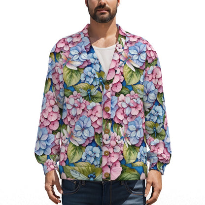 Unisex Garden Hydrangea Dragonfly V-Neck Hacci Fleece Cardigan with Floral Gardening Pattern
