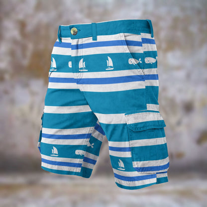 Nautical Blue Sailboat Striped Men’s Cargo Pants Cruising Beach Wear