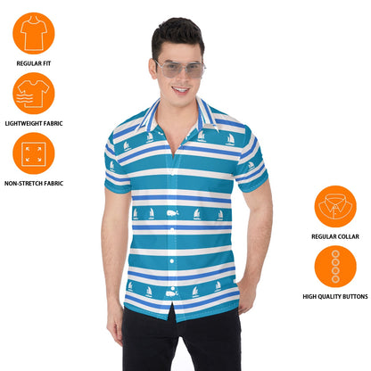 Men’s Sailboat & Whale Striped Button-Up Shirt Blue & White Nautical Cruise Top Lightweight