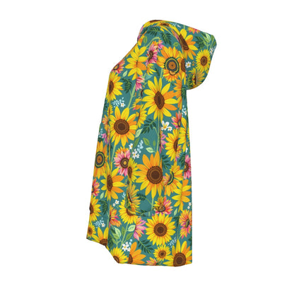 Sea Green Sunflower Sherpa Fleece Hoodie Blanket Women’s Cozy Wearable Blanket