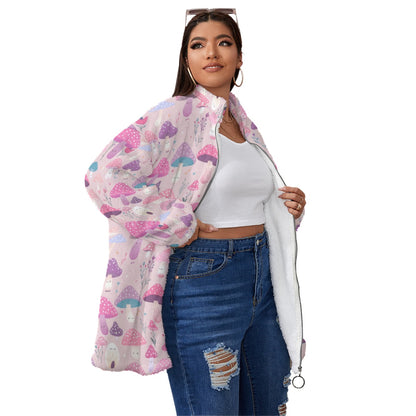 Pink Happy Mushroom Print Super Soft Cozy Jacket Closure (Plus Size)
