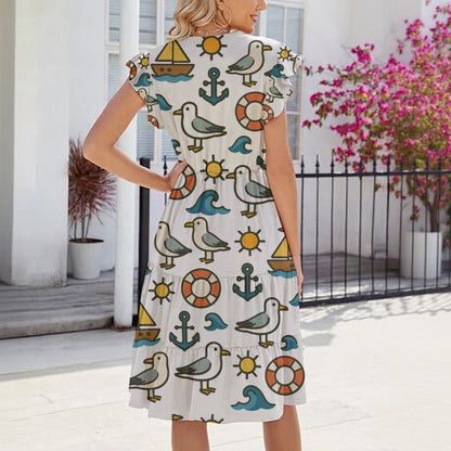 Women's Nautical White Cap Sleeve Midi Dress with Seagulls & Sailboats, Soft Milk Silk Fabric