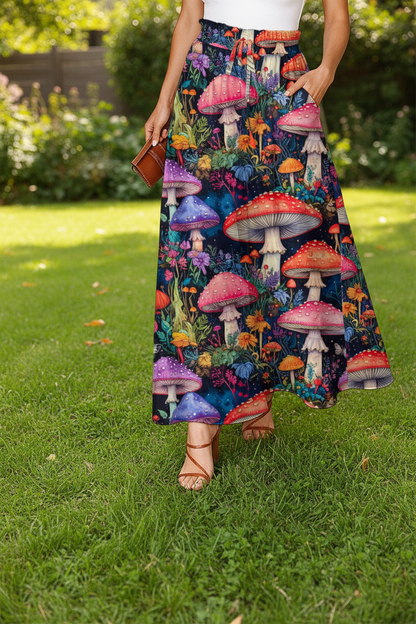 Mushroom Print Flare Pants with Pockets High Waisted Ruffle Waist Bell Bottom Leggings