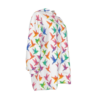 White Rainbow Garden Hummingbird Print Cozy Sweatshirt Sherpa Fleece Hoodie Blanket