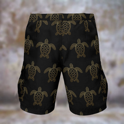 Black & Gold Sea Turtle Men’s Cargo Shorts Cruise Wear Beach Fits Tropical Chic Turtles