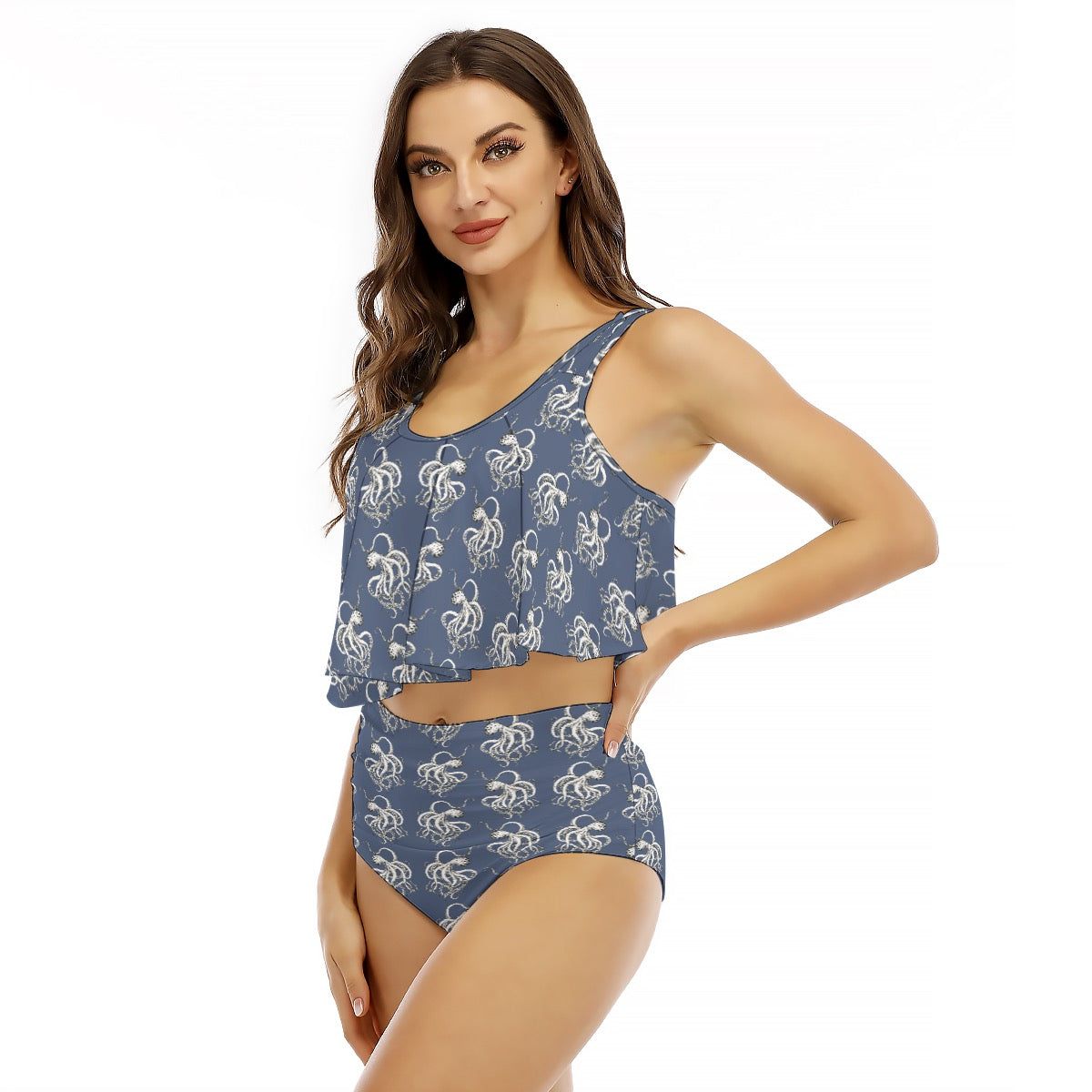 Ocean Blue Black & White Vintage Octopus Two-Piece Swimsuit Ruffled Vest Bikini Swimwear in Sea Blue
