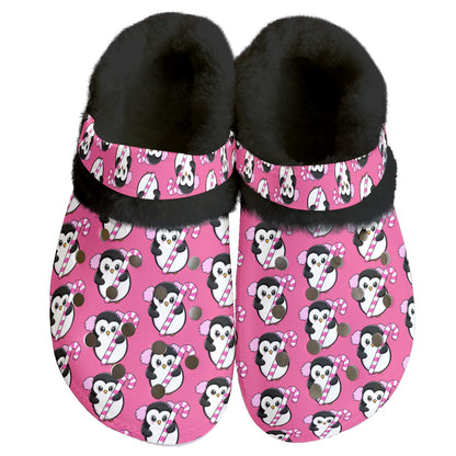 Hot Pink Holiday Penguin Candy Cane Fleece-Lined Clogs for Women Adorable Christmas