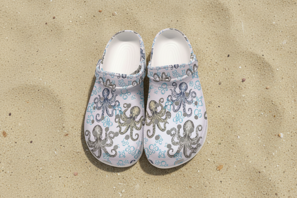 Blue Vintage Octopus Clogs with Bubbles Waterproof Cruise & Pool Shoes Print Women's Classic Clogs