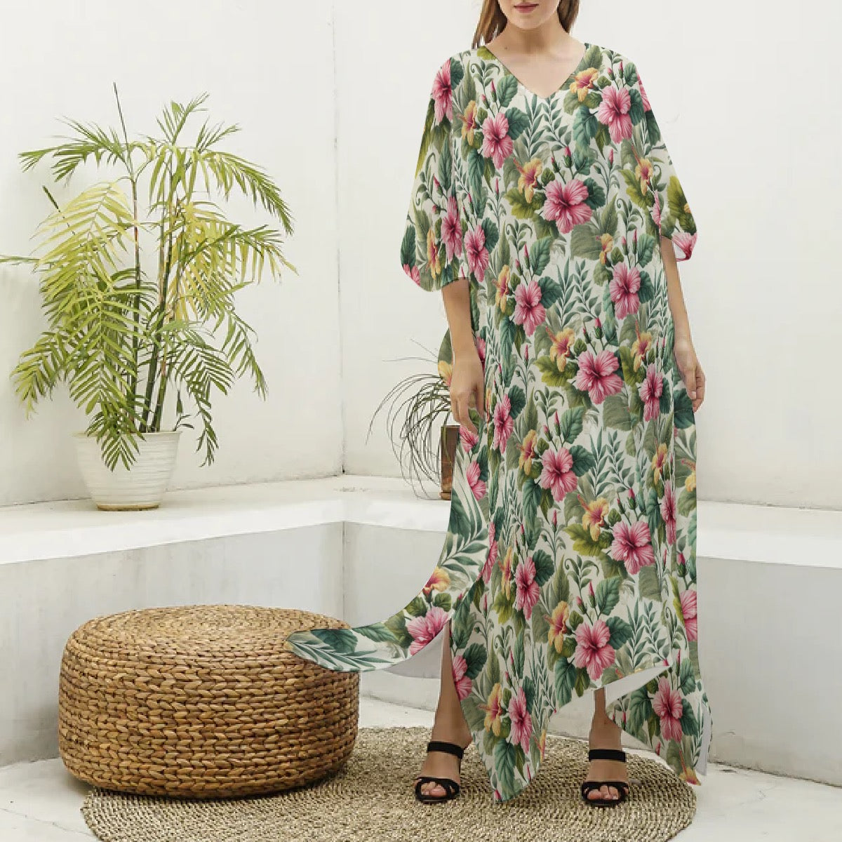 Hibiscus Imitation Silk V-Neck Kaftan Robe Dress