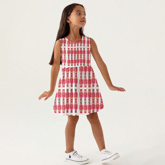 Girls Hot Pink & White Nutcracker Print Sleeveless Dress Soft Stretchy Milk Silk Fabric Christmas
