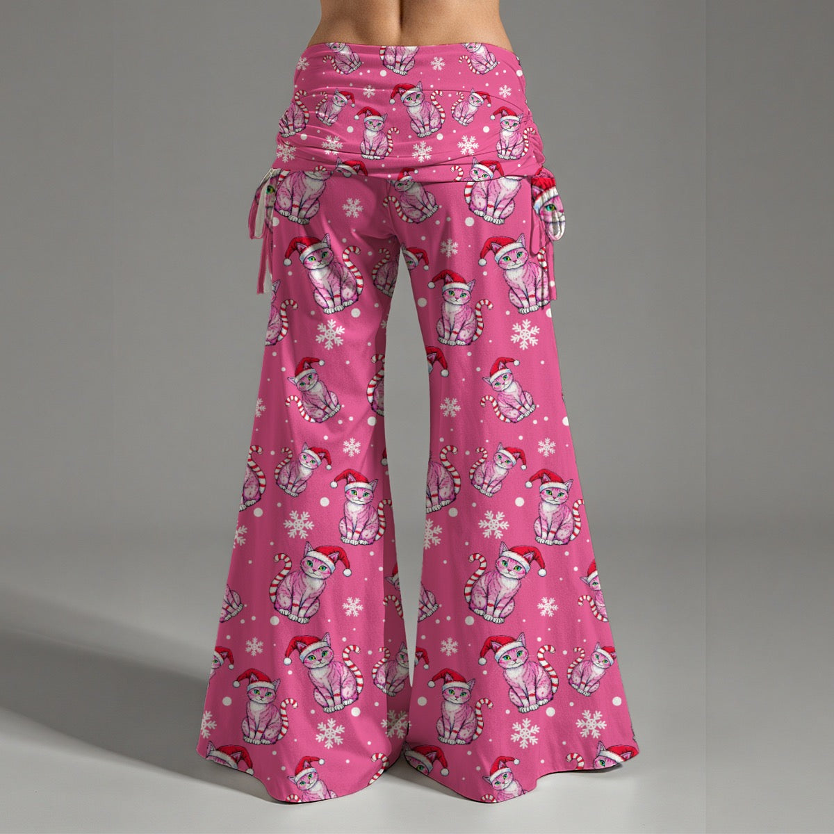 Candy Cane Kitten Pink Christmas Women's High Waist Wide Leg Yoga Pants