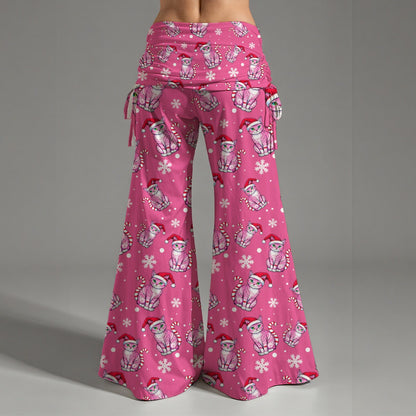 Candy Cane Kitten Pink Christmas Women's High Waist Wide Leg Yoga Pants