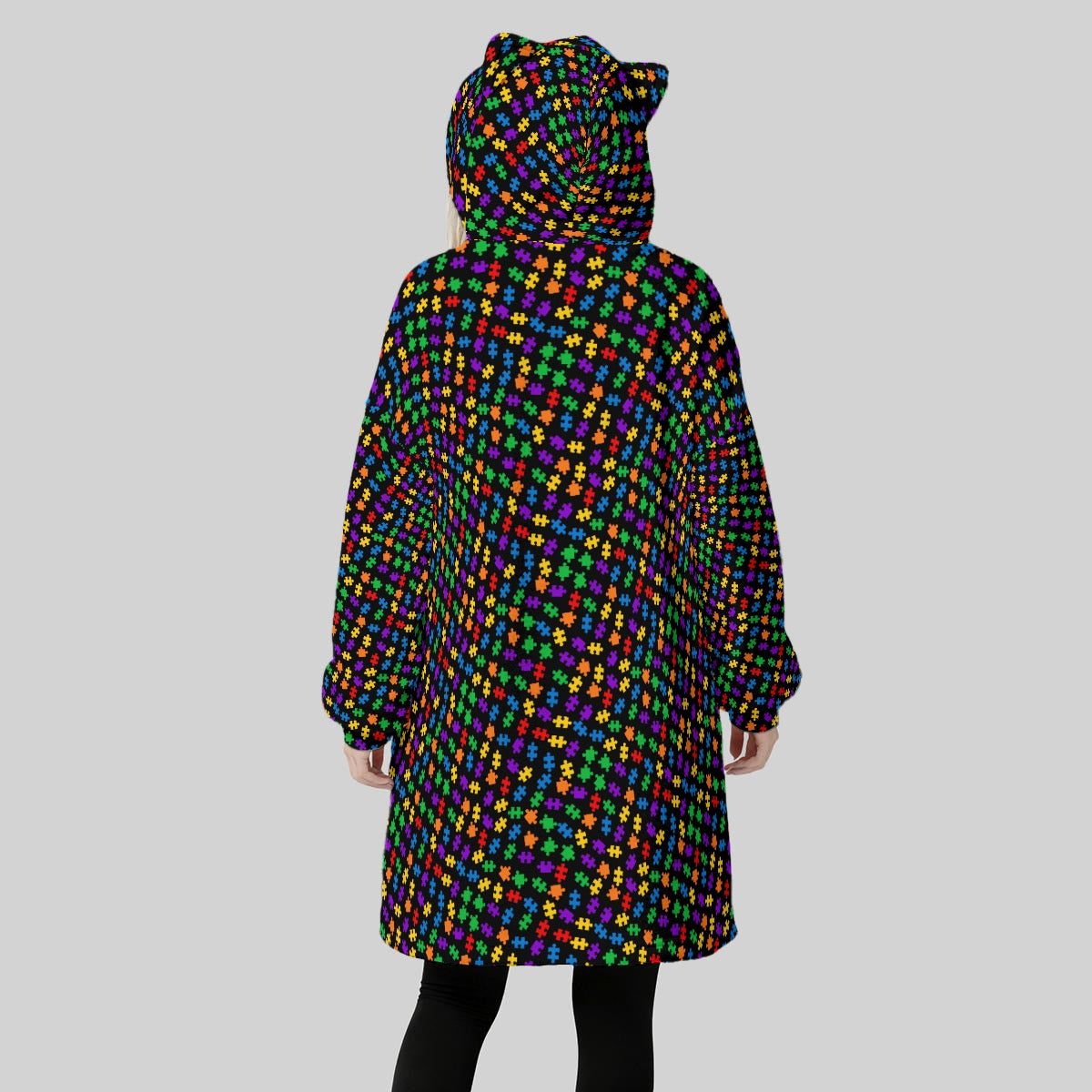 Women's Rainbow Puzzle Piece Blanket Hoodie – Colorful Oversized Fleece Wearable Blanket with Ears