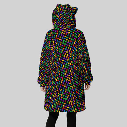 Women's Rainbow Puzzle Piece Blanket Hoodie – Colorful Oversized Fleece Wearable Blanket with Ears